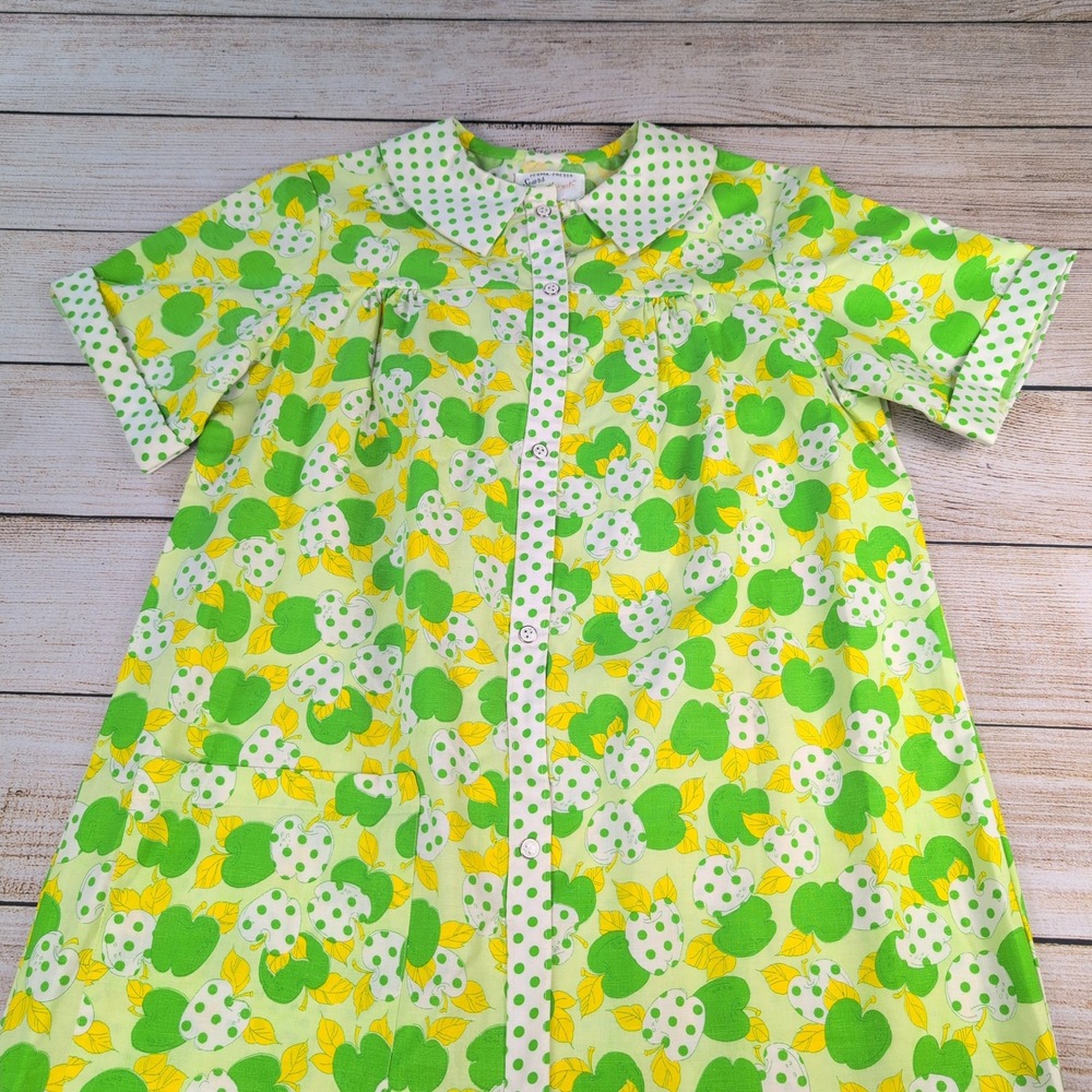 Vintage Sears Koffee Kasuals Apple Print House Dress Green Yellow Cotton Small